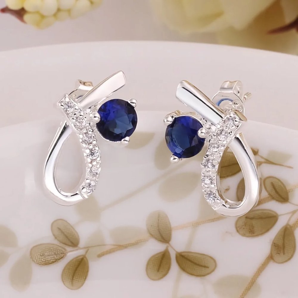 Small & Cute Sapphire and Loop Stud Earrings, 925 Sterling Silver - Picture 3 of 6